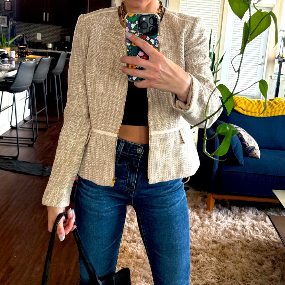 Calvin Klein boucle blazer, beige, zip front, size 4